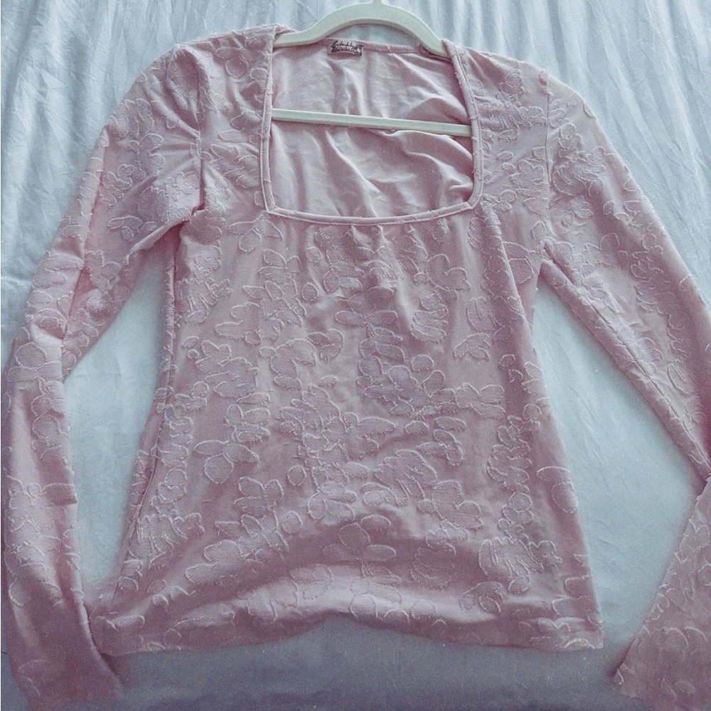 Free People Appliqué Square Neck Long Sleeve Pink Lace Women's Top XS NWOT